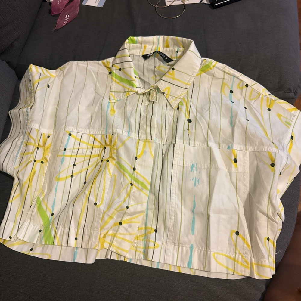 Zara White and Yellow Patterned Crop Top